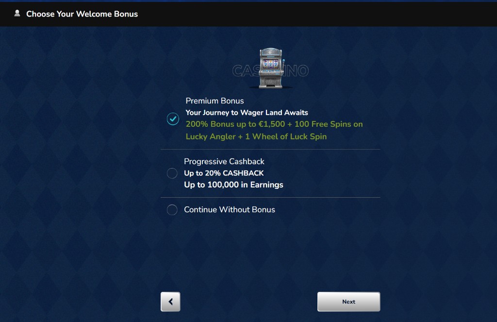WagerLand Dialog zur Bonuswahl mit Premium-Bonus, progressivem Cashback und Weiter ohne Bonus
