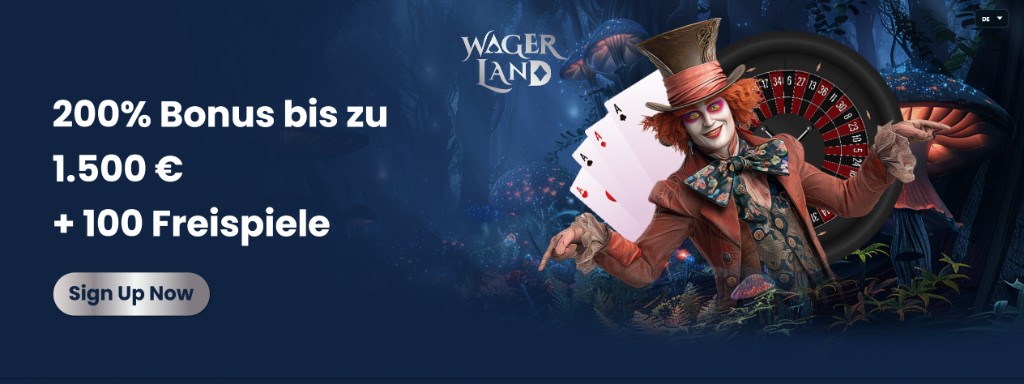 WagerLand Startseite auf Deutsch mit 200 Prozent Bonus bis 1.500 Euro und 100 Freispielen
